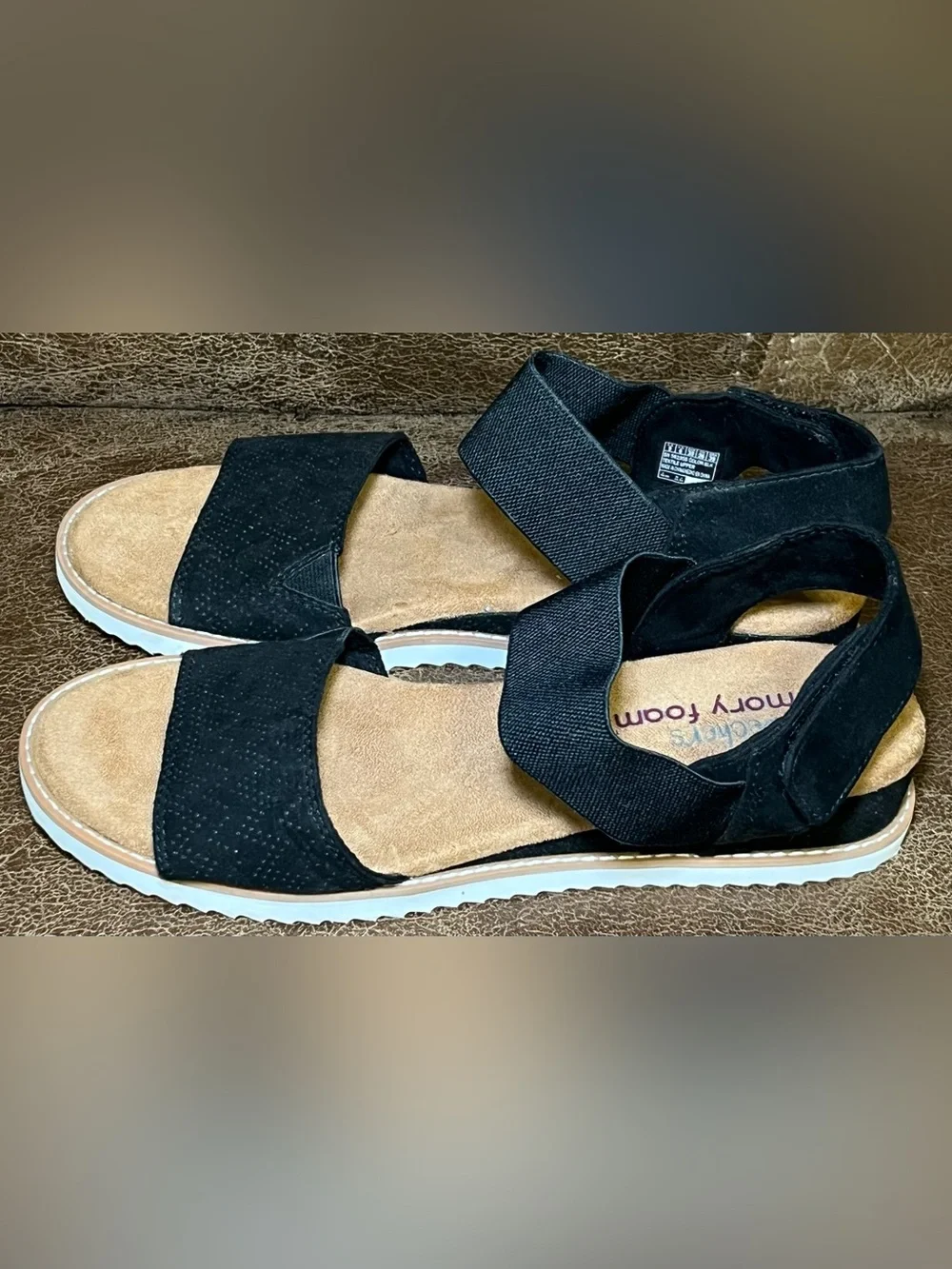 Skechers Sandals Womens 9 Desert Kiss Ankle Strap Black Stretch Wedge 56195S ***